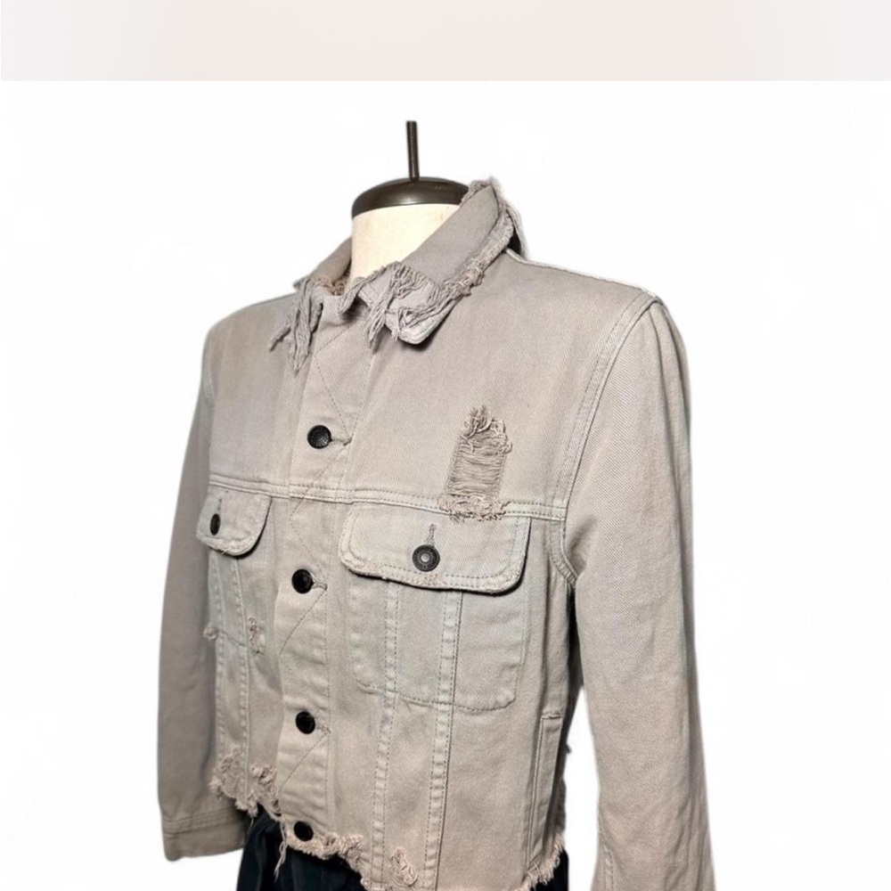 Signature Beige Denim Jacket with Burgundy Tag